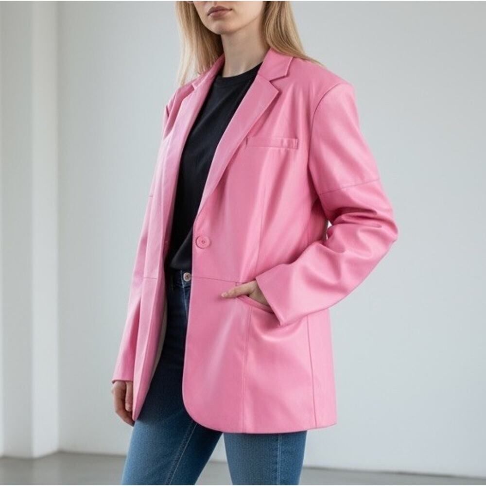 COLLUSION Bright Pink Faux Leather Oversized Blazer Seam Detail Size US 4